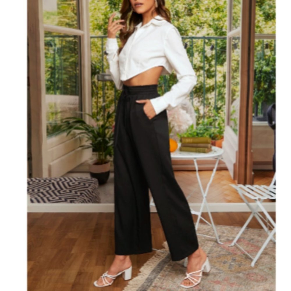 Solid Drawstring Waist Wide Leg Pants